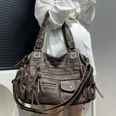 Y2K Girl Single Shoulder Crossbody Bag Vintage Washed Leather Motorcycle Bag Large Capacity Multi Pocket Bag